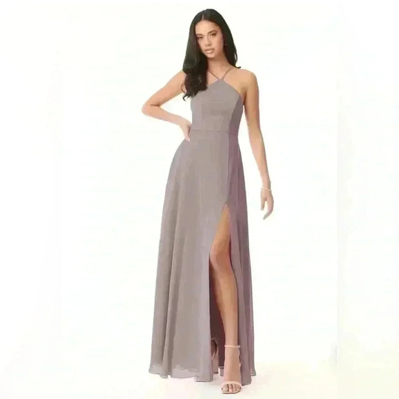 NWT Azazie Vintage Dusk A-Line Halter Side Slit Chiffon Dress - Picture 1 of 15